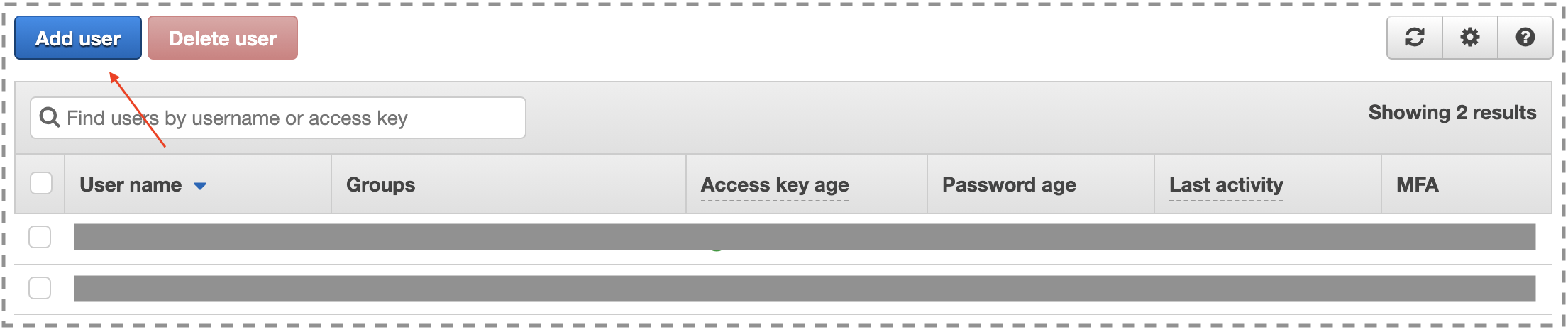 Screenshot of add user button